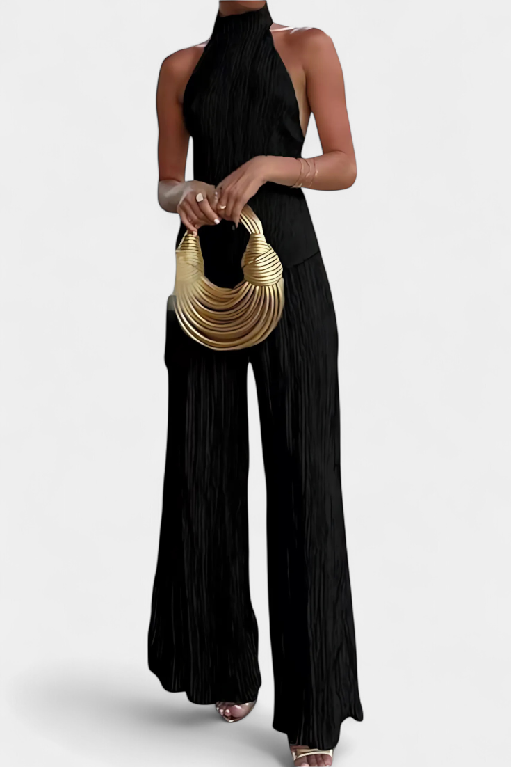 Pilarica Conjunto Elegante Plisado de Top Asimétrico y Pantalón Fluido