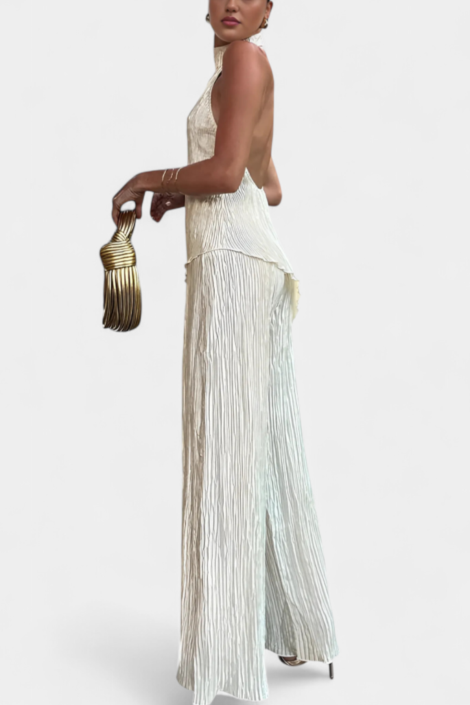 Pilarica Conjunto Elegante Plisado de Top Asimétrico y Pantalón Fluido