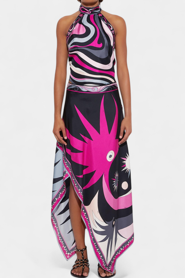 Ciana Conjunto Satén con Falda Abstracta y Top Halter