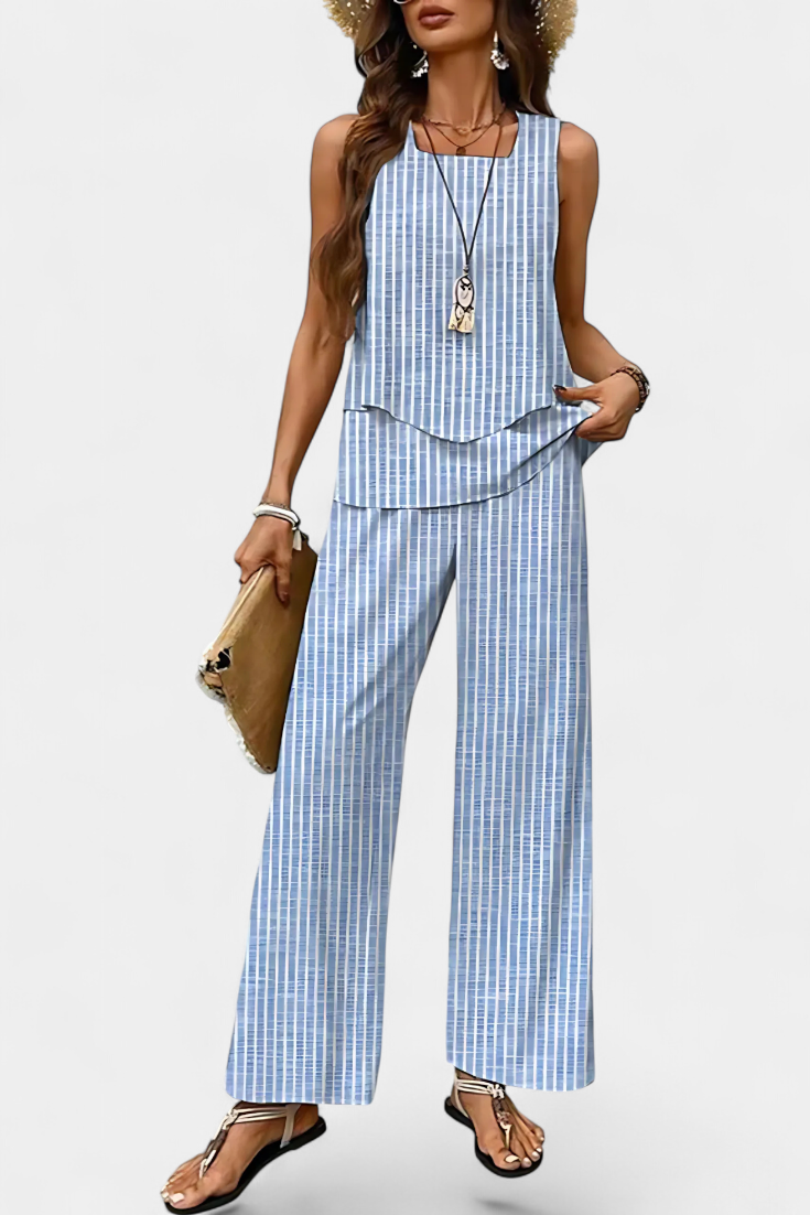 Martina Conjunto Boho Elegante Sin Mangas con Pantalón Recto Estampado