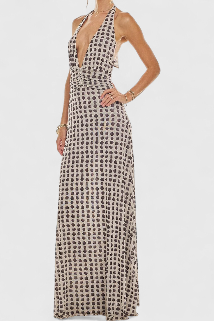 Melodía Vestido Maxi de Lunares con Escote Halter Profundo