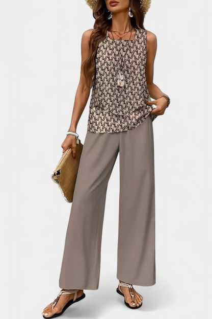 Martina Conjunto Boho Elegante Sin Mangas con Pantalón Recto Estampado