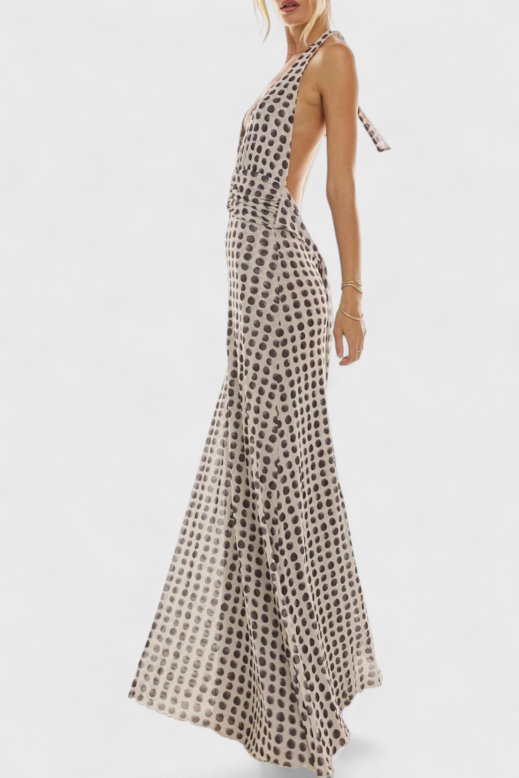 Melodía Vestido Maxi de Lunares con Escote Halter Profundo