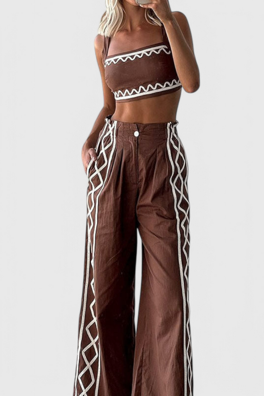 Mirella Conjunto Crop y Pantalones Anchos de Estampado Zigzag