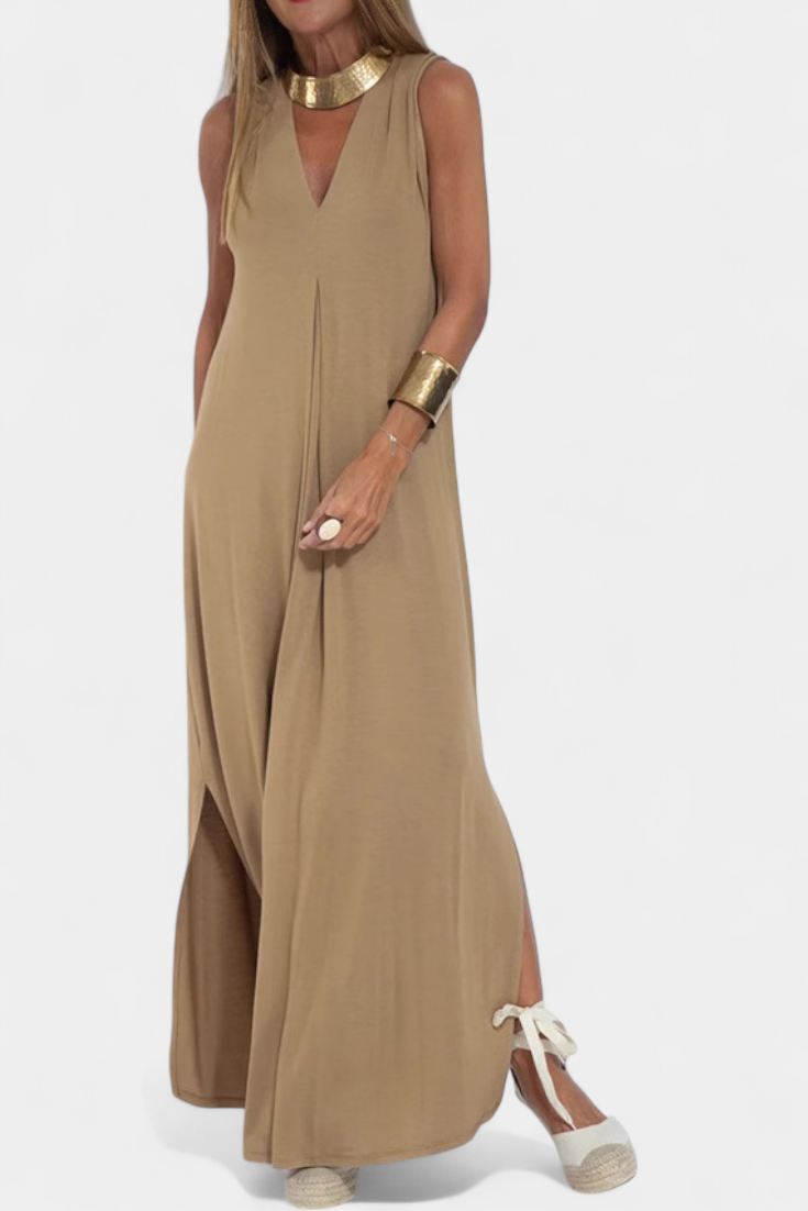 Felisa Vestido Maxi Elegante Sin Mangas en Color Liso