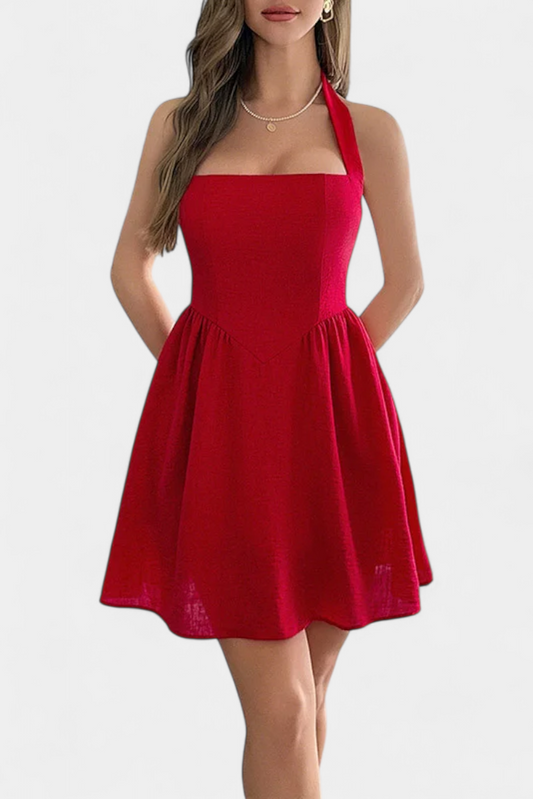 Kassandra Vestido Mini Halter con Espalda Abierta y Bolsillos