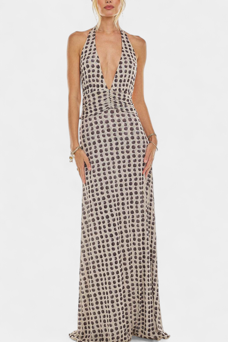Melodía Vestido Maxi de Lunares con Escote Halter Profundo