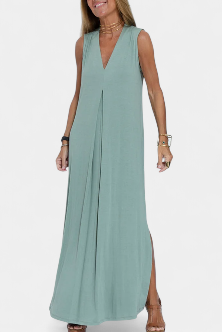 Felisa Vestido Maxi Elegante Sin Mangas en Color Liso