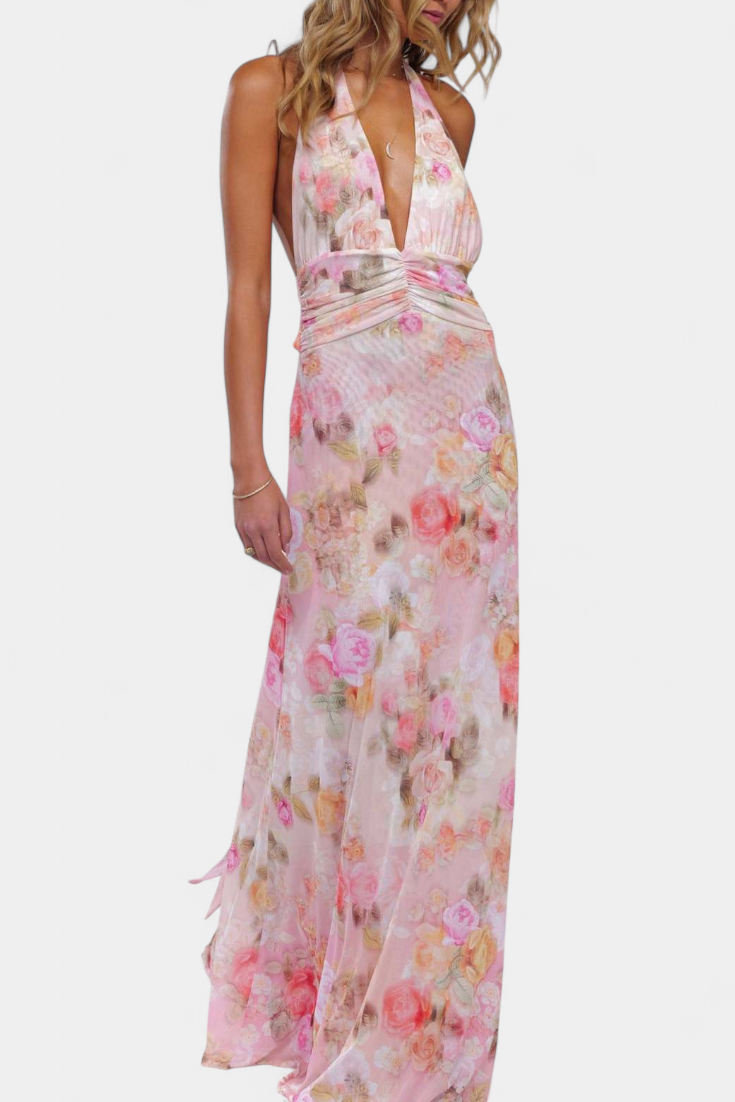 Melodía Vestido Maxi de Lunares con Escote Halter Profundo