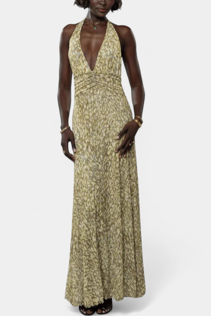 Melodía Vestido Maxi de Lunares con Escote Halter Profundo