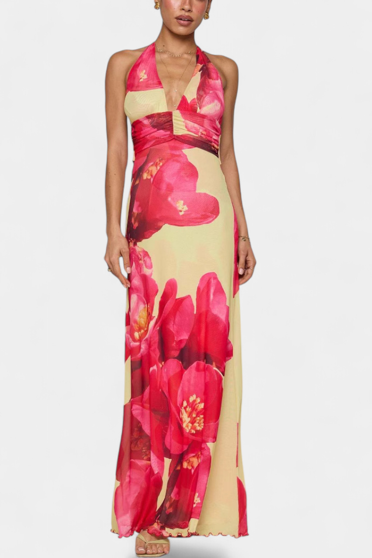 Melodía Vestido Maxi de Lunares con Escote Halter Profundo