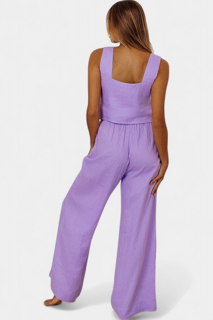 Pascuala Conjunto de Lino de Dos Piezas con Blusa sin Mangas y Pantalón Fluido